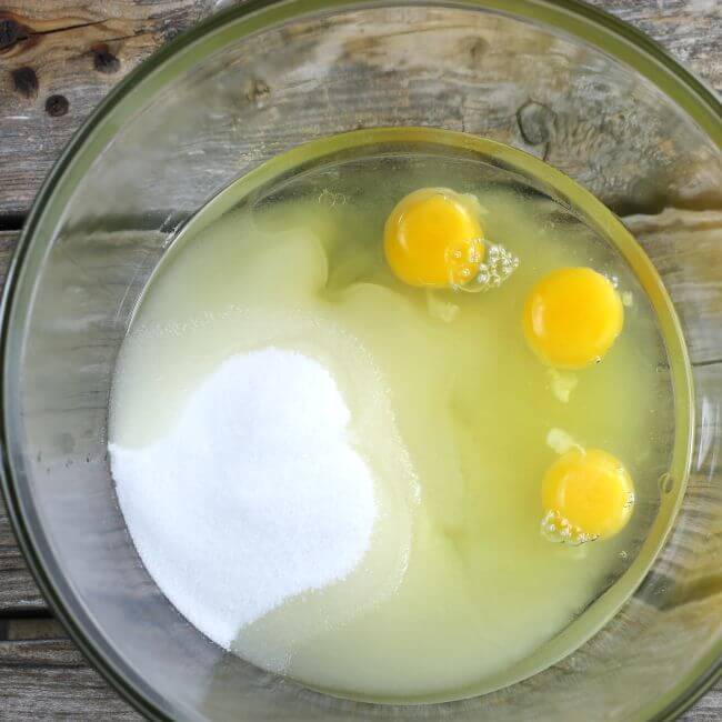 Sugar, eggs, and oil in a large bowl.