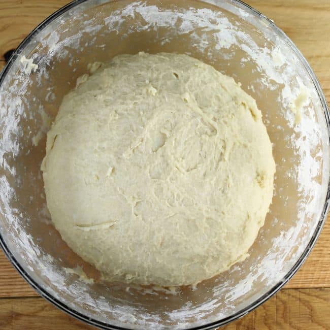 A round ball of dough in a mixing bowl.