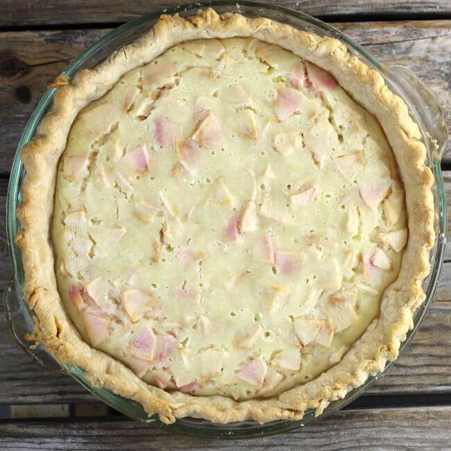Baked apple pie in a pie plate.