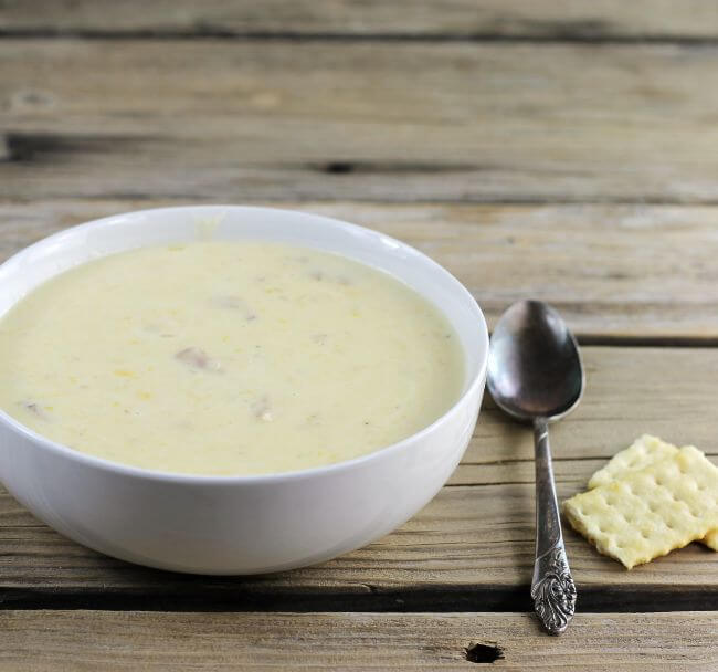 A side angle view of loaded potato soup