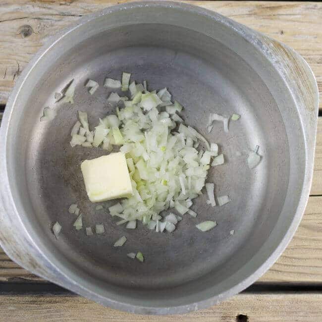 Butter and onion are put in a Dutch oven.h in
