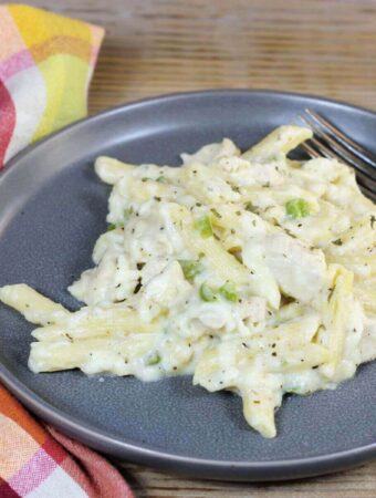Looking at a side angle of a gray plate with chicken and pasta.