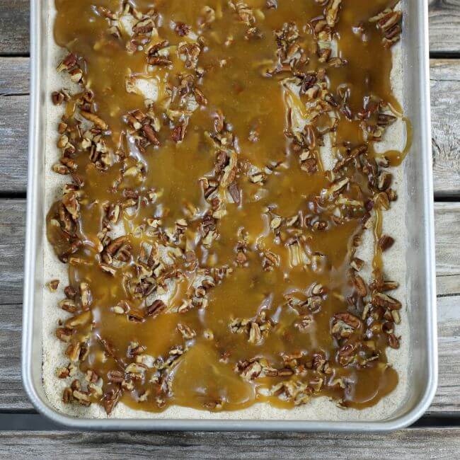 Caramel drizzled over top of the pecans and crust for the turtle bars.