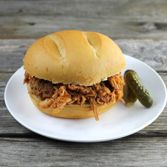 Side angle view of a pork sandwich on a white plate.