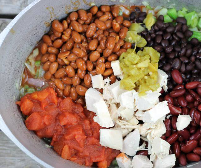 Beans, tomatoes, beans, and celery in a Dutch oven.