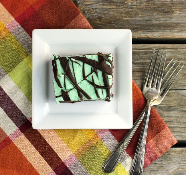 Mint Brownie with mint frosting and chocolate drizzle.