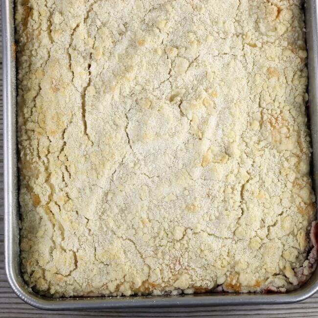 Baked coffee cake in a baking dish.