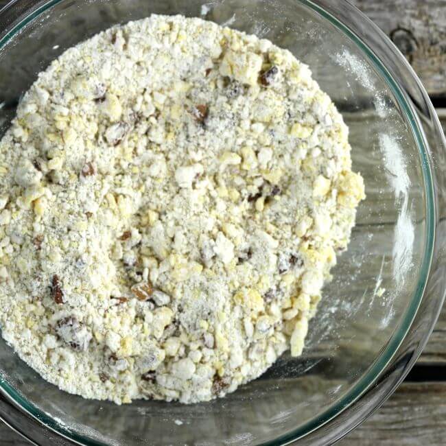 The crust mixture in a glass bowl.