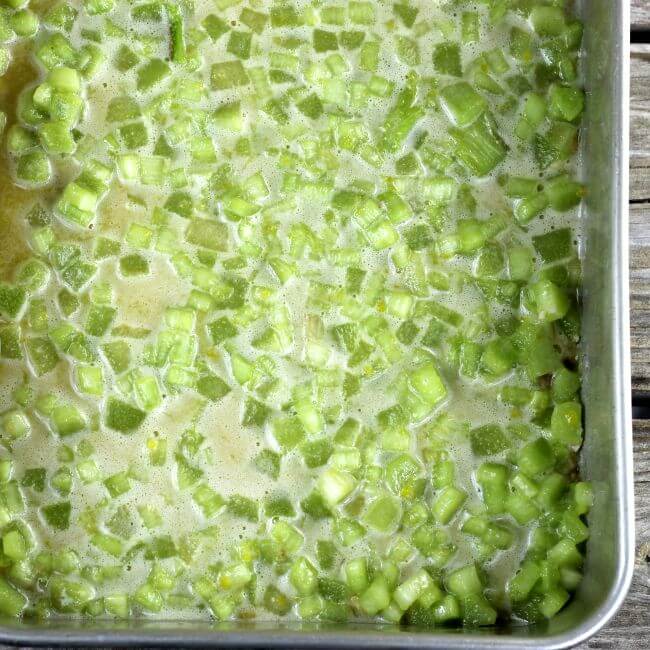 Rhubarb filling is poured over the crust.