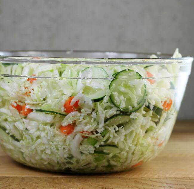 A side view of a bowl of cabbage salad.