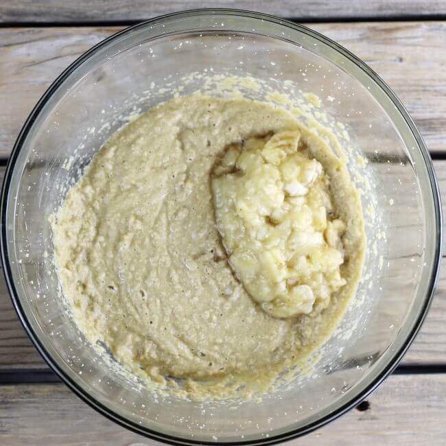 Mashed bananas are added to the cookie batter.