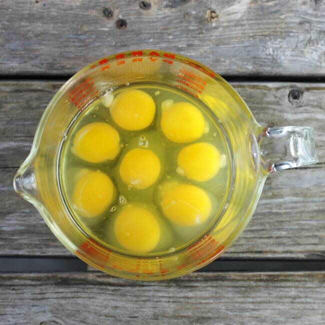 Eggs in a measuring cup.