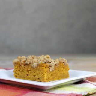 A side view of a pumpkin bar on a white plate.