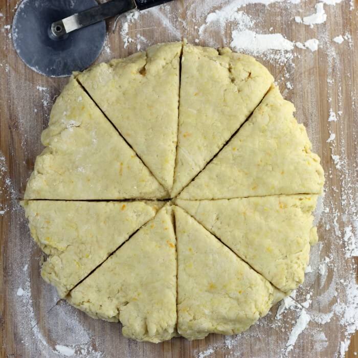 The circle of dough is cut into eight triangles. 
