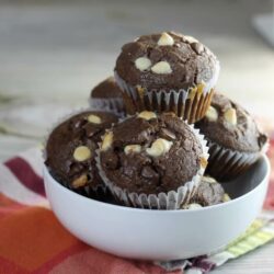 A bowlful of triple chocolate muffins.