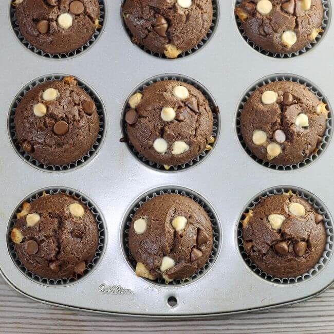 Baked chocolate muffins in a muffin tin.