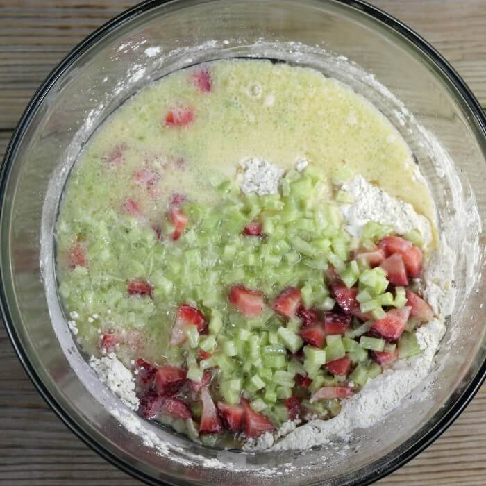 The wet ingredients are added to the dry ingredients.