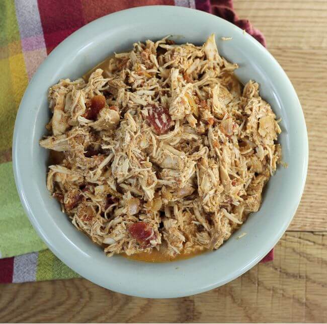 Over head view of a bowl of salsa shredded chicken.