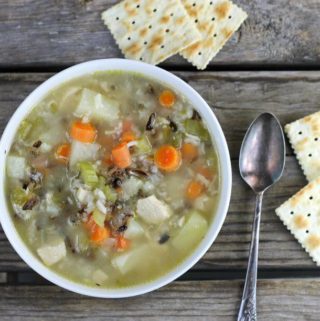Pinterest picture of chicken and wild rice soup.