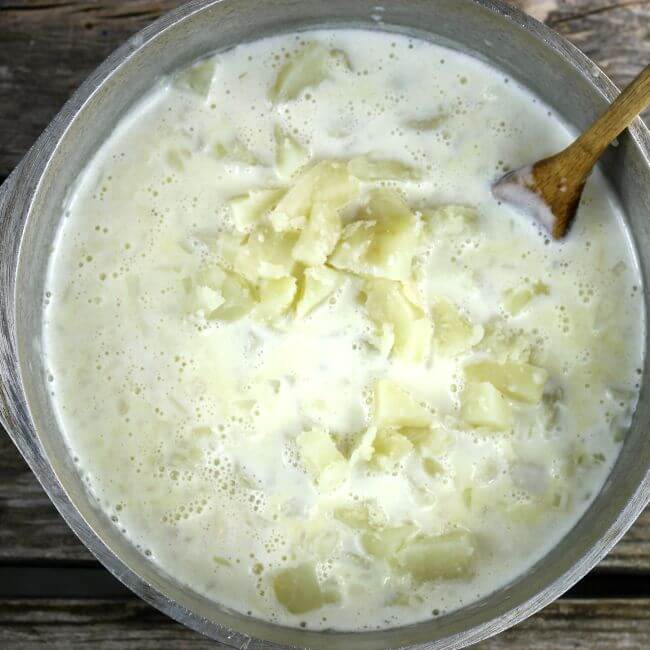 Milk has been added to the potato soup.