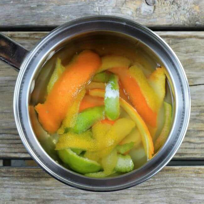 Orange, lime, and lemon peel in water in a saucepan.