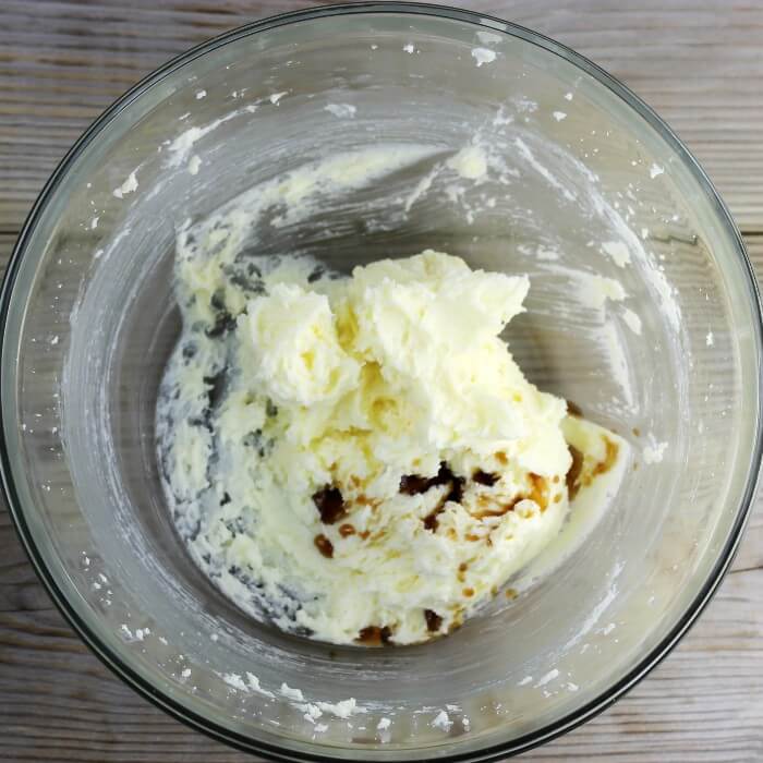 Vanilla is added to the sugar and butter mixture. 