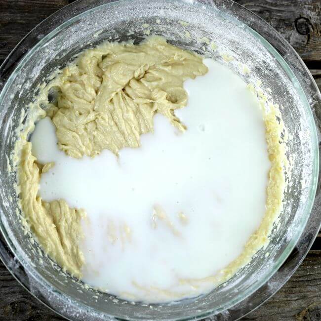 Buttermilk is added to the batter.