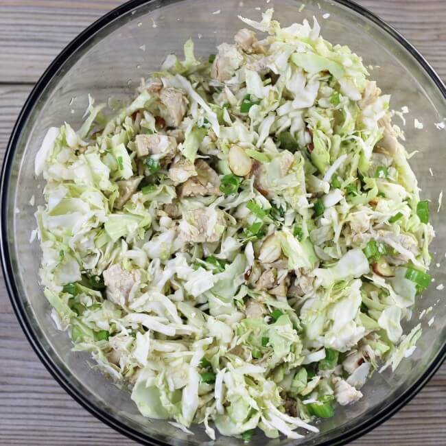 Looking down at a bowl of Chinese chicken cabbage salad.