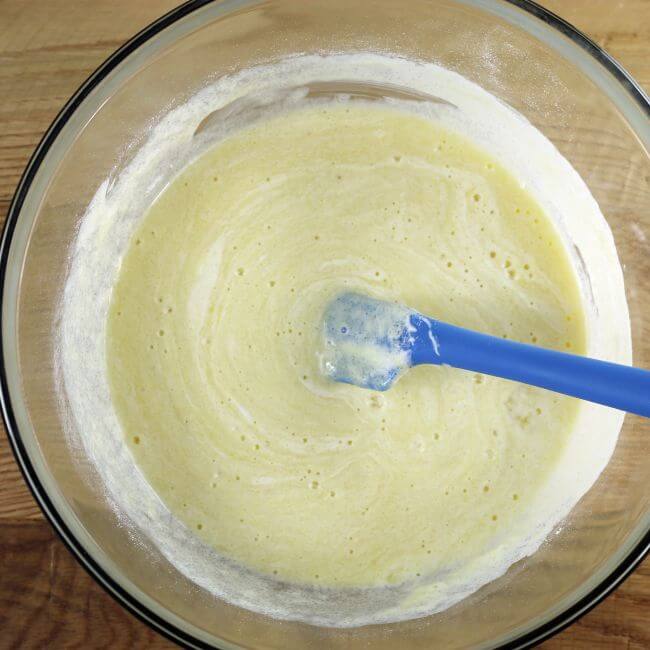 The dry and wet ingredients are mixed together with a blue spatula.