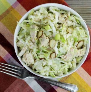 Looking down at a bowl of chicken cabbage salad in a white bowl.