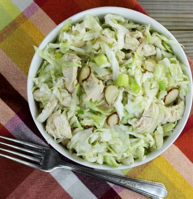 Looking down at a bowl of chicken cabbage salad in a white bowl.