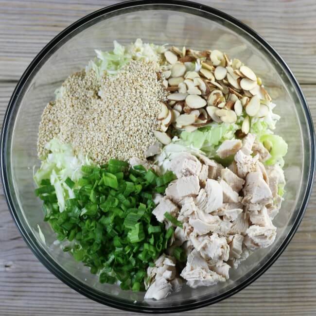 Chicken, cabbage, almonds, green onions added to a bowl.