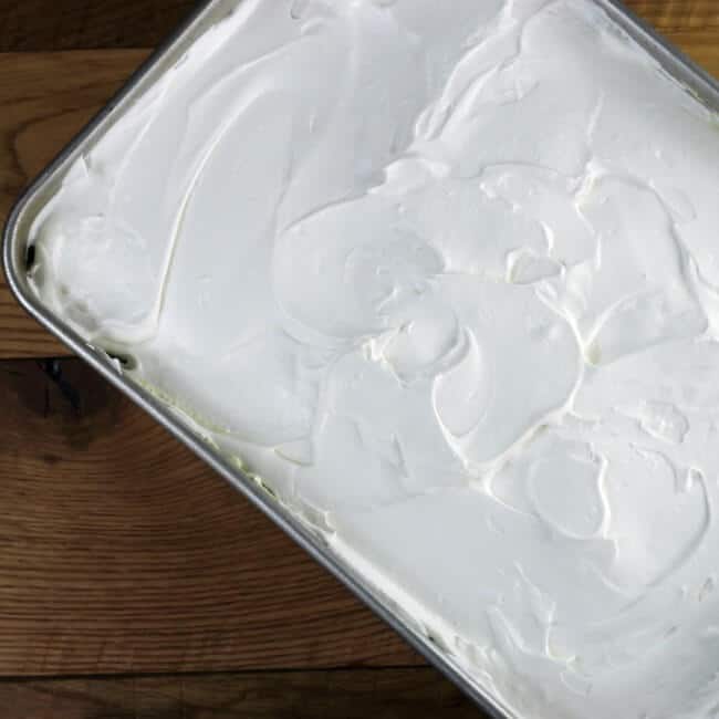 Cream puff cake in a baking pan.