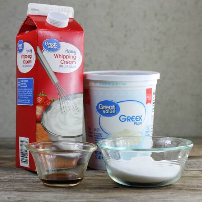 Cream Greek yogurt, sugar, and vanilla.