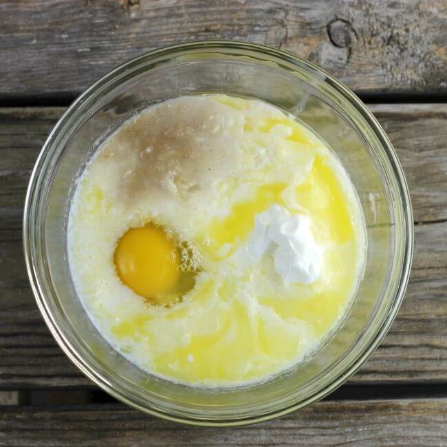 Egg, butter, milk, yogurt, and vanilla in a bowl.