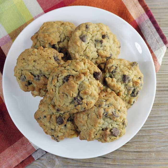 Overlooking a plate of chocolate chip oatmeal cookies. 