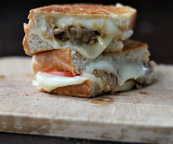 Grilled Cheese Sandwich with beer caramelized onions and mushrooms