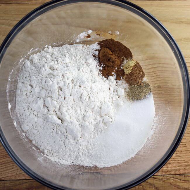 Dry ingredients in a glass bowl.