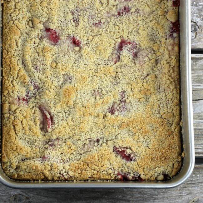 Baked strawberry bars in the baking pan.