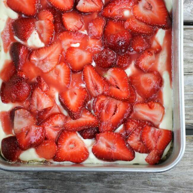 Strawberries sprinkled over top of the cream cheese filling.