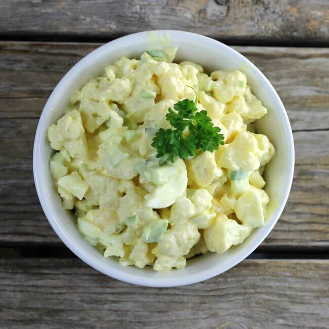 Over looking a bowl of cauliflower potato salad.