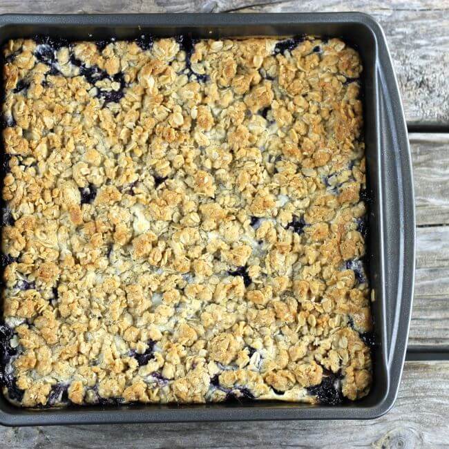 Baked blueberry bars in a baking pan.