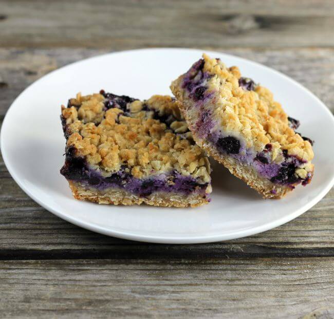 Blueberry bars on a white plate