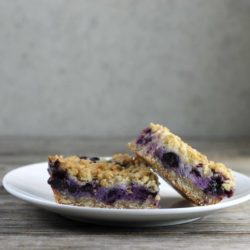 Side view of blueberry bars on a white plate.