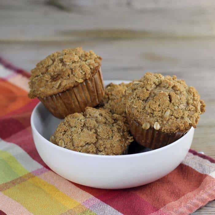 Side and view of a bowl of muffins. 