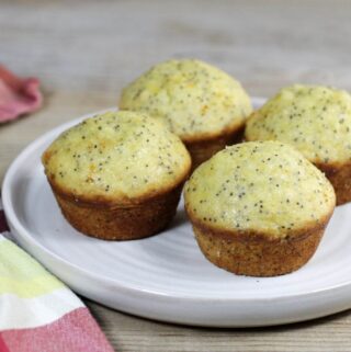 A side angle view of muffins on a plate.