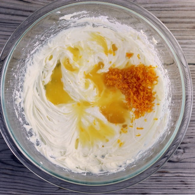 Orange juice and zest is added to the cream cheese mixture.