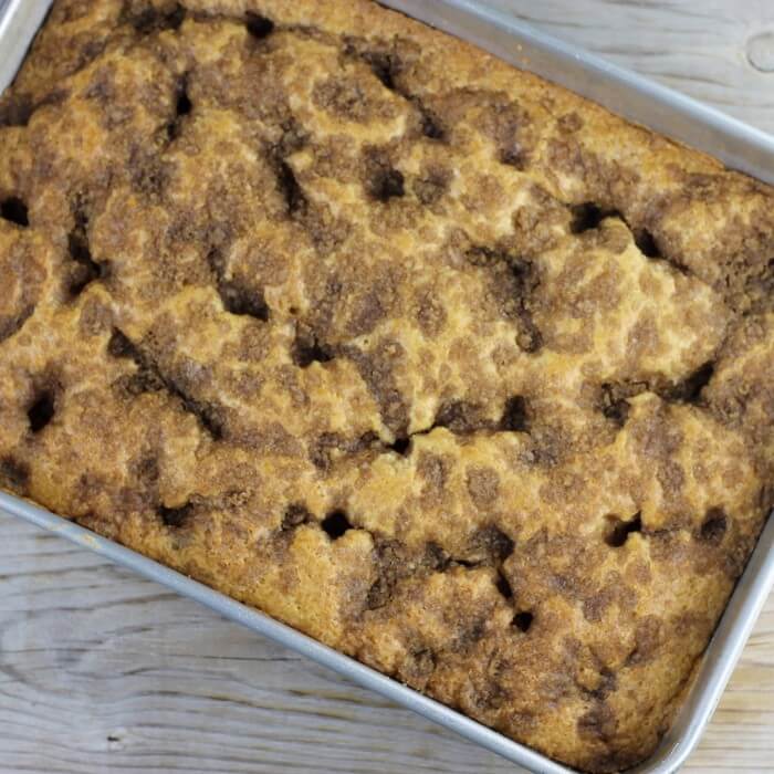 Baked coffee cake in a large baking pan. 