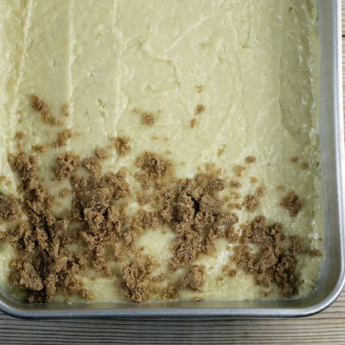 Crumble is sprinkled over the top of the batter.