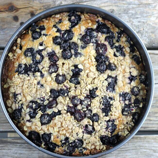 Baked blueberry morning cake in a baking pan.
